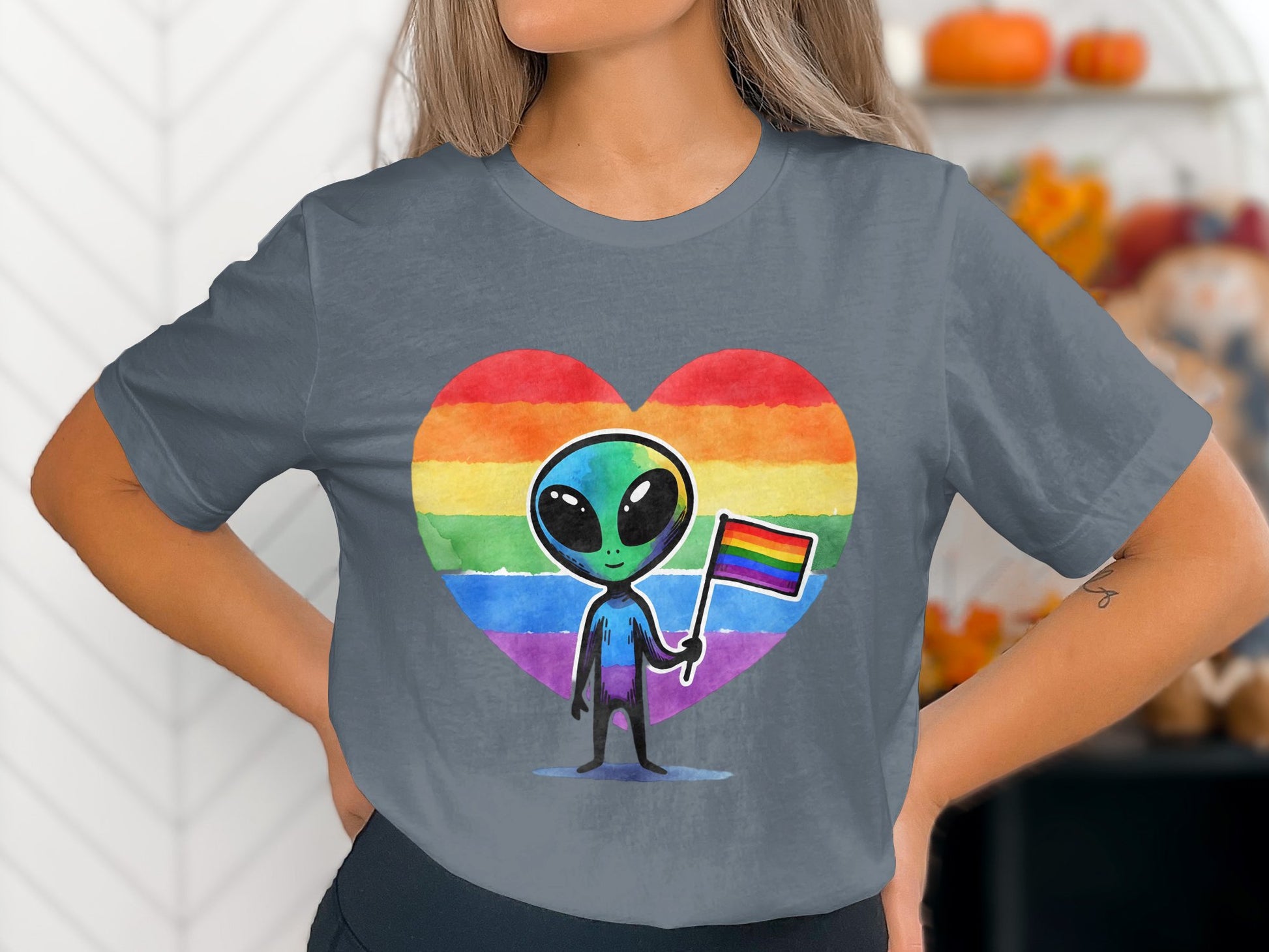 Rainbow Heart Alien Holding Flag T-Shirt Fashionable product