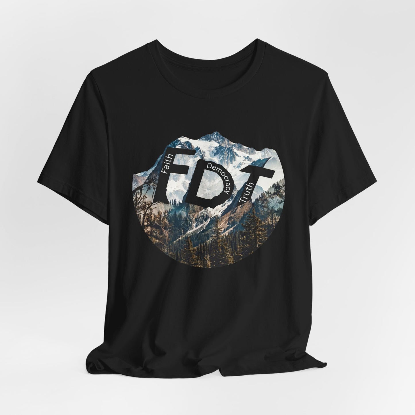 Black t-shirt with circular graphic featuring mountains and "FDT Faith Democracy Truth" text.