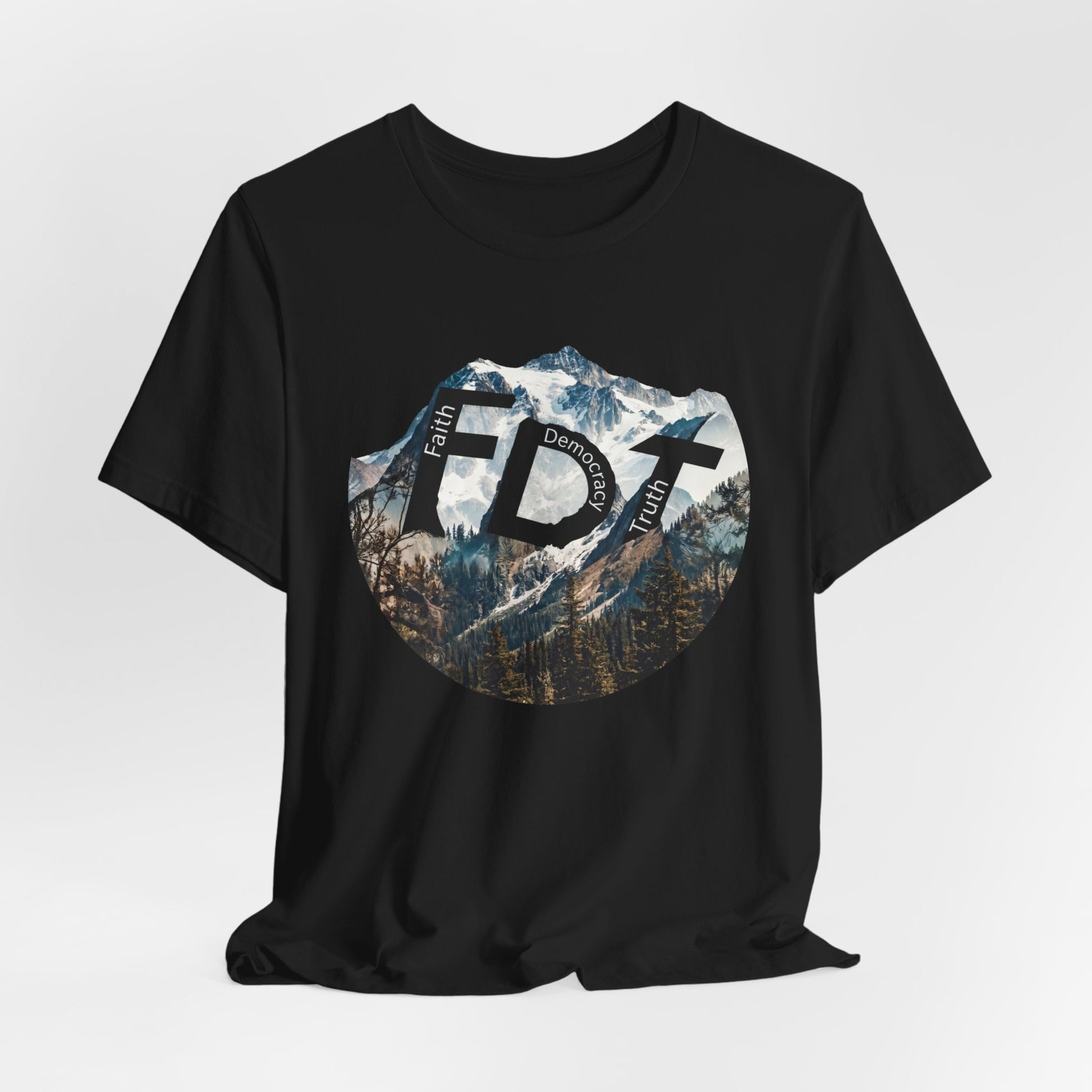 Black t-shirt with circular graphic featuring mountains and "FDT Faith Democracy Truth" text.