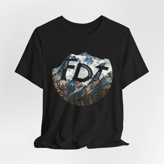 Black t-shirt with circular graphic featuring mountains and "FDT Faith Democracy Truth" text.