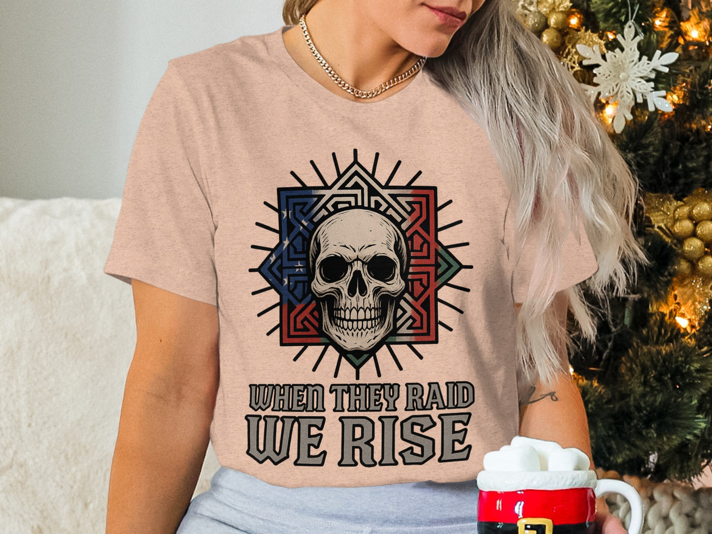 When They Raid We Rise Skull Themed Graphic Tee