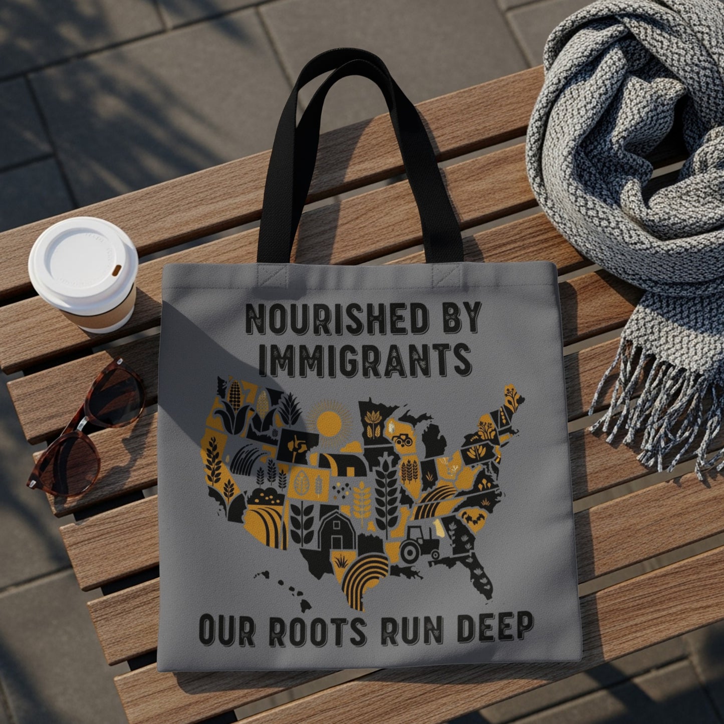 Tote bag featuring a map of the United States with agricultural icons and text.