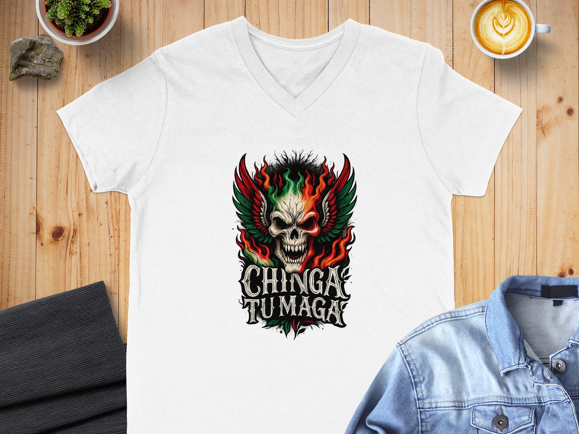 Chinga Tu Maga Skull Flames V-Neck T-shirt product
