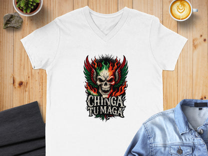 Chinga Tu Maga Skull Flames V-Neck T-shirt product