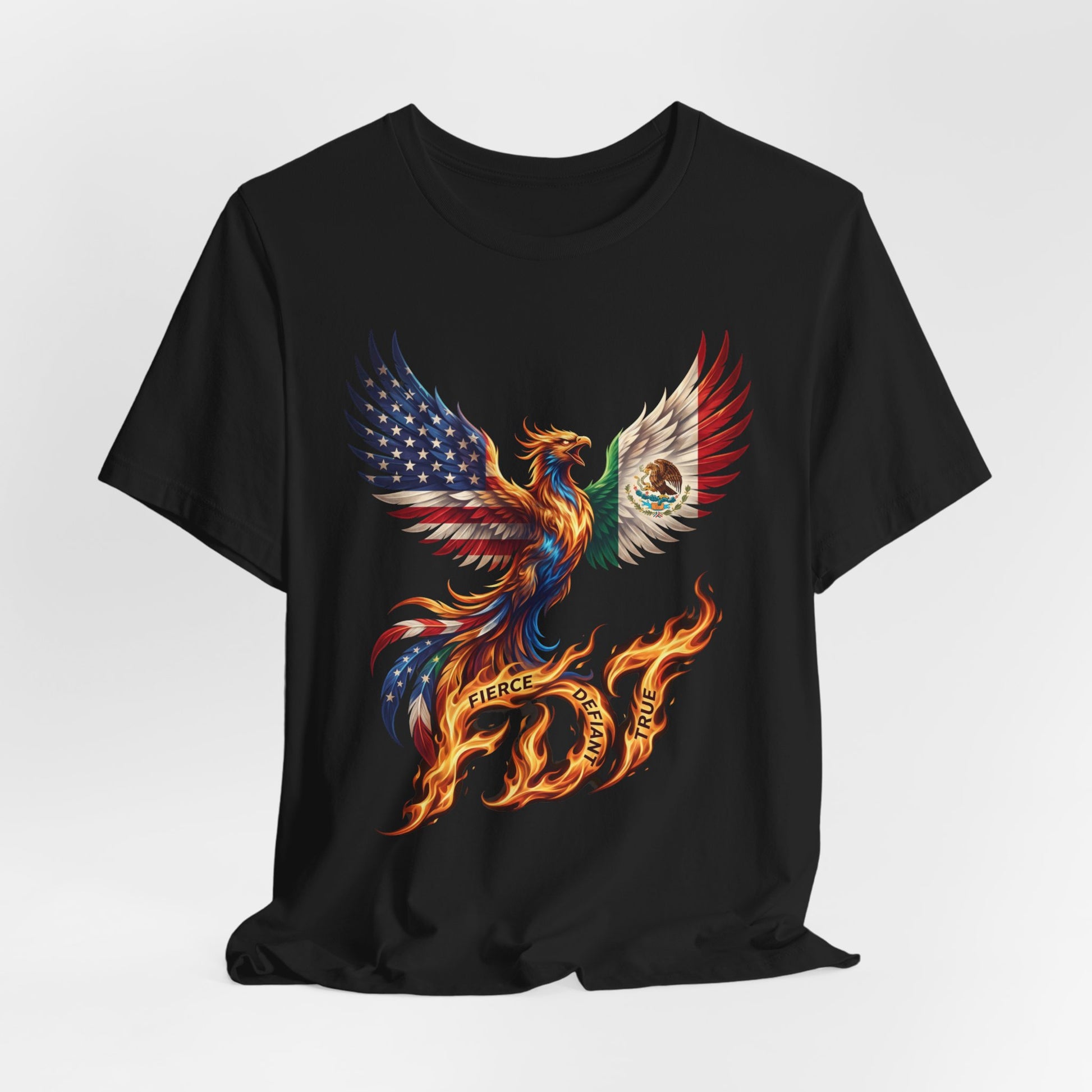 Black t-shirt with a patriotic phoenix made of US and Mexican flags.