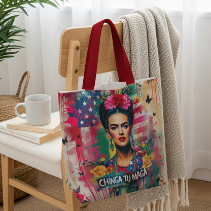 Tote bag featuring Frida Kahlo portrait with American flag and "Chinga tu M" text.