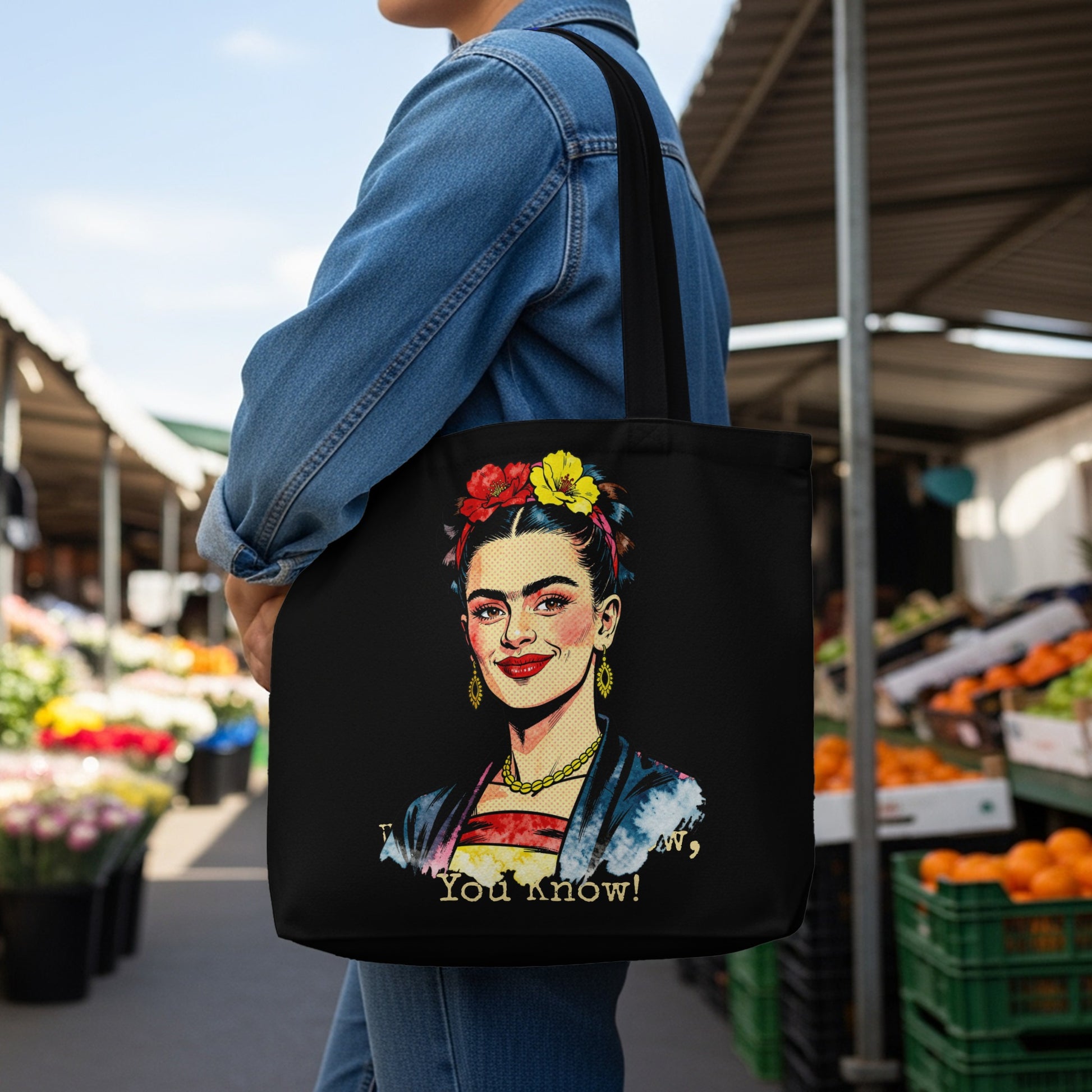 Frida Kahlo artwork on a black tote bag with "You know!" text.