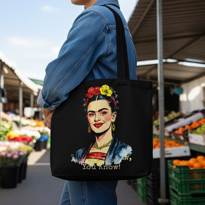 Frida Kahlo artwork on a black tote bag with "You know!" text.