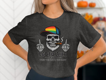 LGBTQ Ally Skeleton Hat Middle Fingers Graphic T-Shirt product type