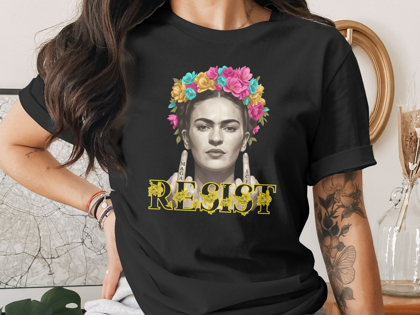 Frida Kahlo Resist Design With Floral Headpiece T-Shirts