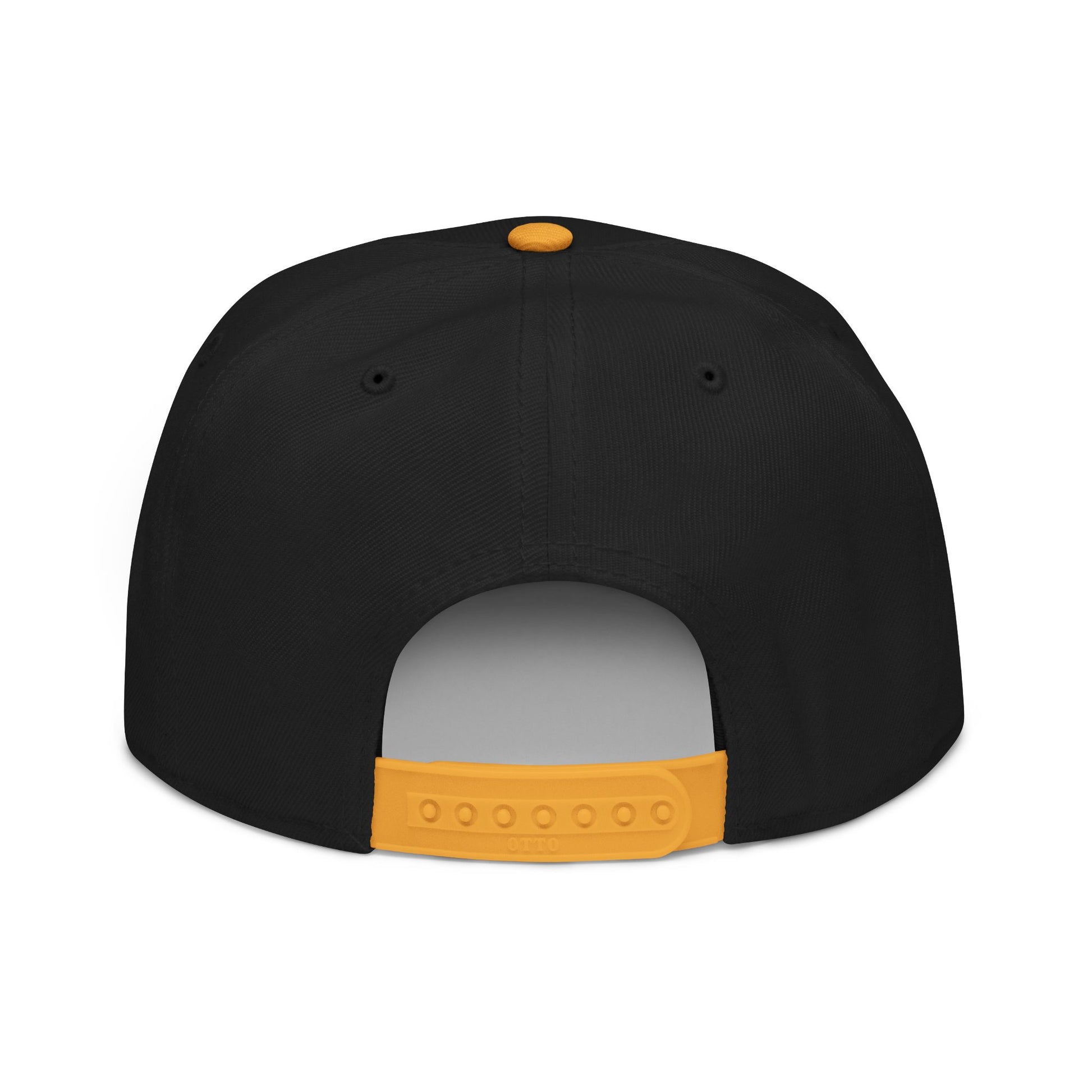 Black snapback hat with orange button and strap, showing the back view.
