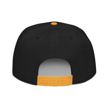 Black snapback hat with orange button and strap, showing the back view.