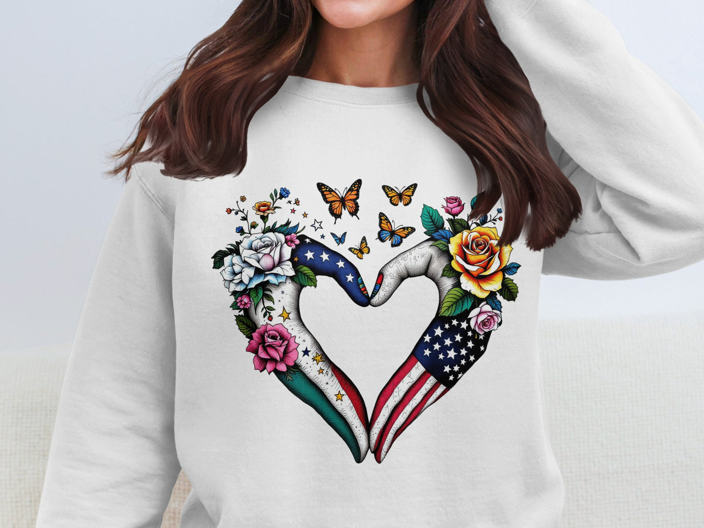 Floral Heart and Butterfly American Flag Sweatshirt Product