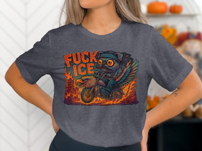 Colorful winged cat riding flaming bike t-shirt product