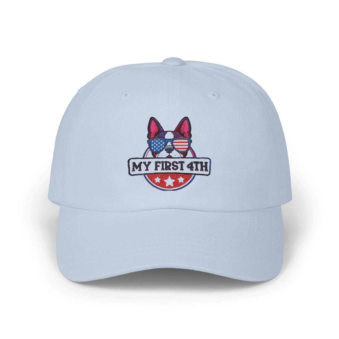 Patriotic Dog Dad Cap - 'My First 4th' Embroidered White Hat