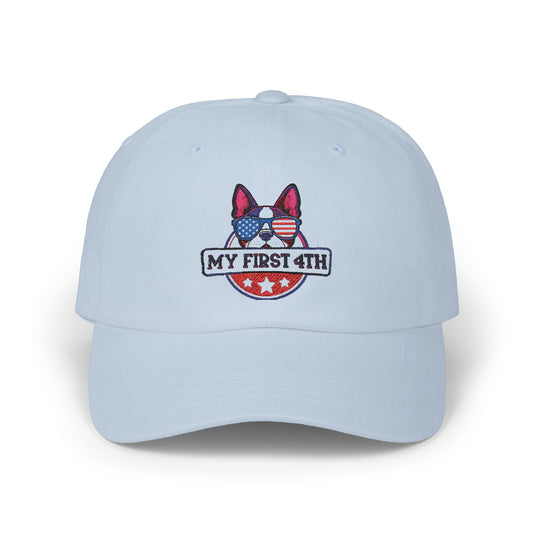 Patriotic Dog Dad Cap - 'My First 4th' Embroidered White Hat