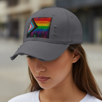 Distressed Gray Hat with Rainbow Geometric Pattern product