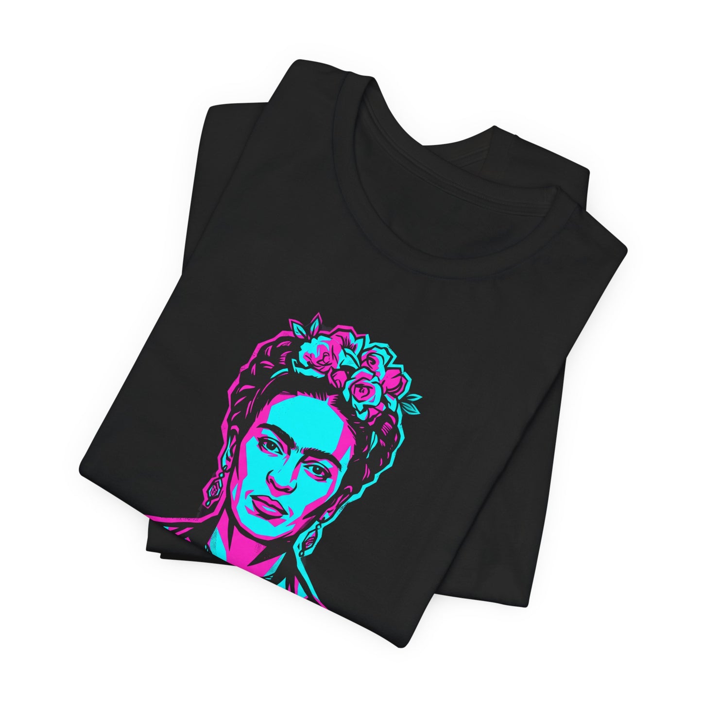 Black t-shirt with neon pink and blue portrait of Frida Kahlo.