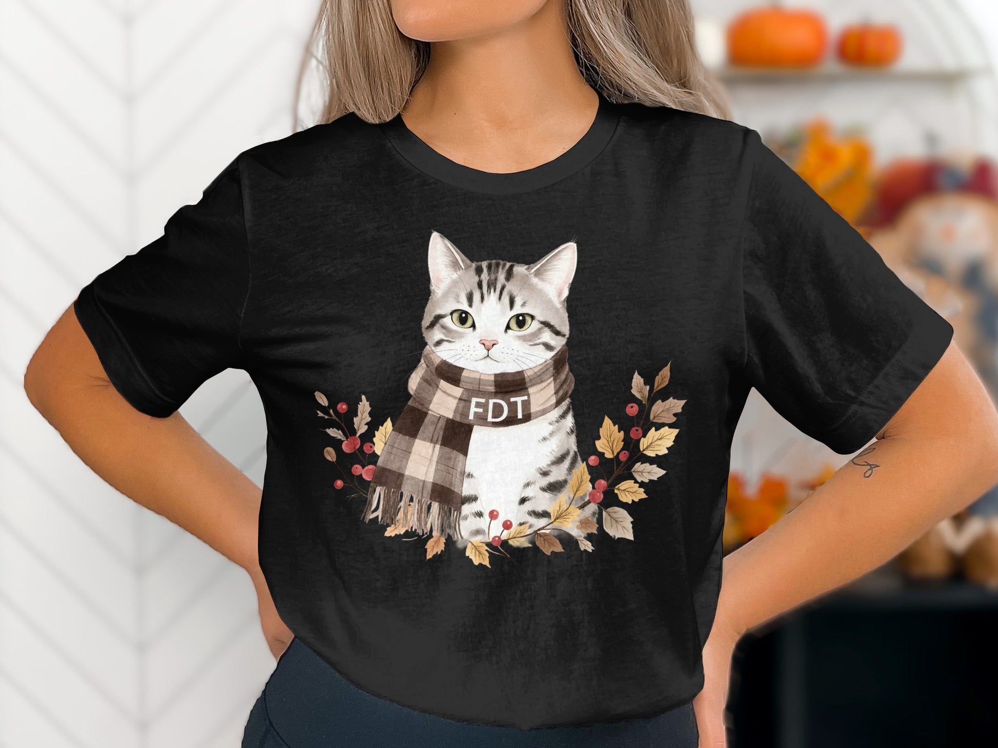 Cute Cat With Plaid Scarf Fall Themed Shirt