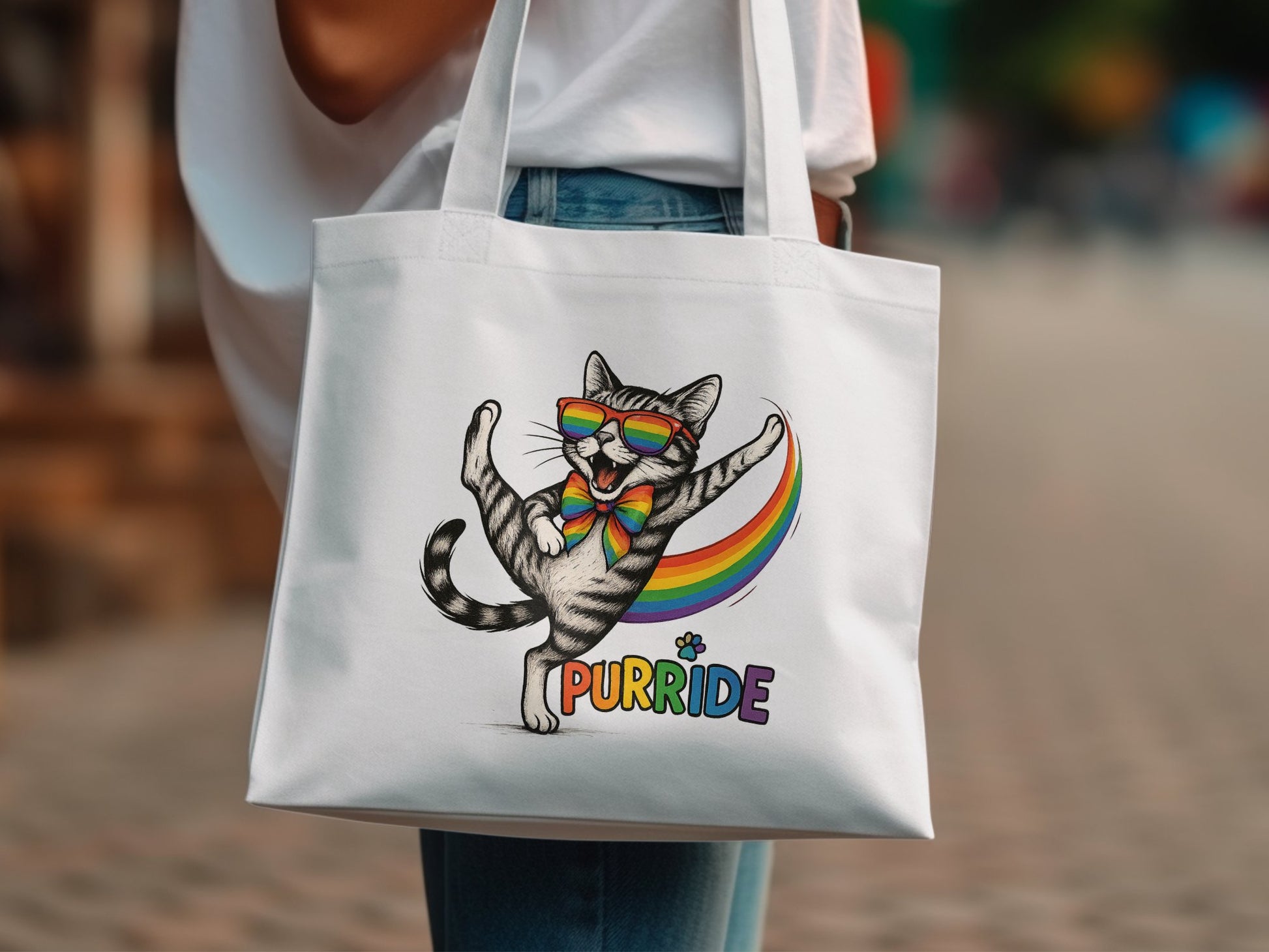 Colorful Cat with Rainbow and Purrride Text Tote Bag product