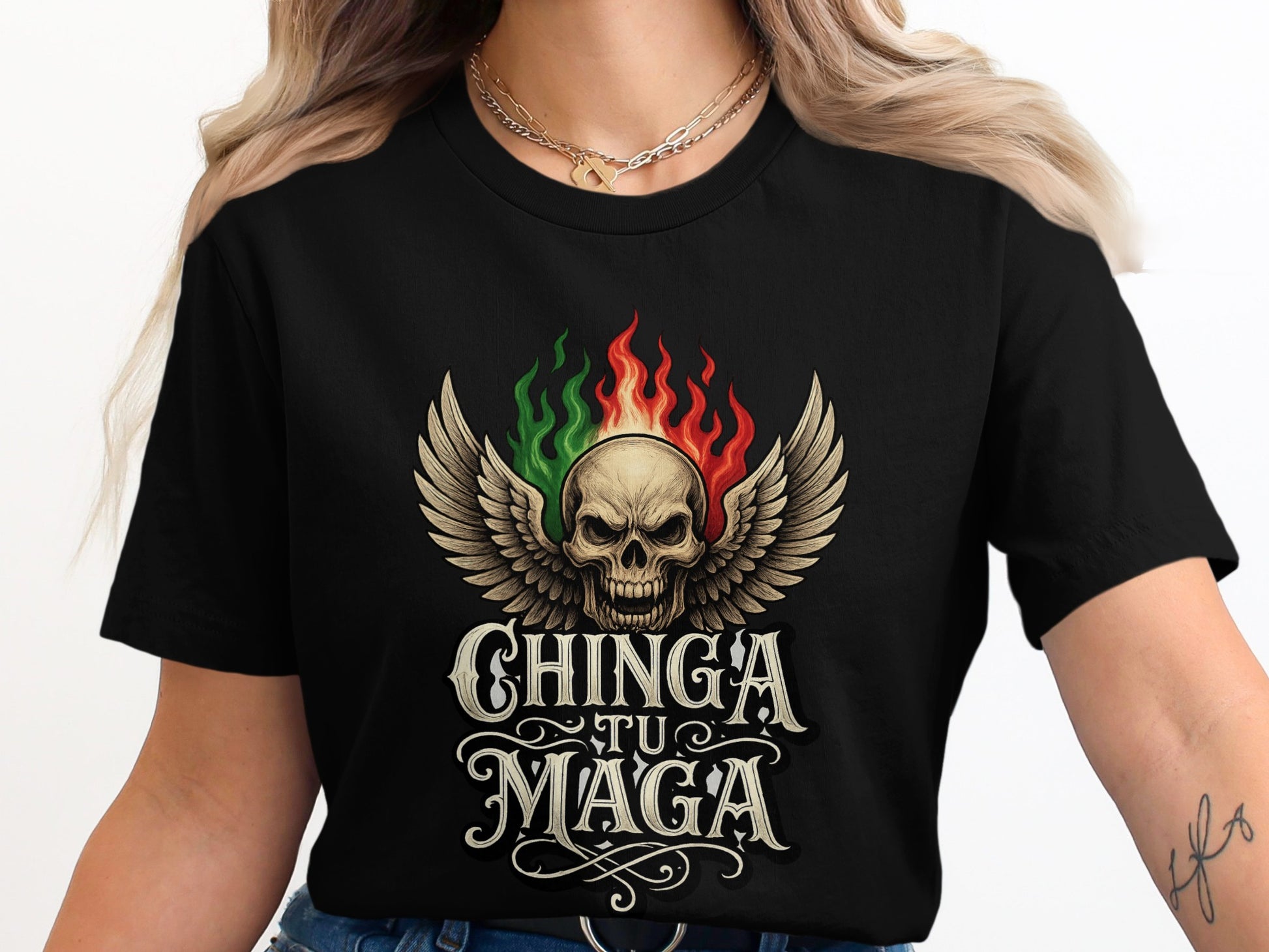 Chinga Tu Maga Winged Skull Graphic Design T-shirt product type