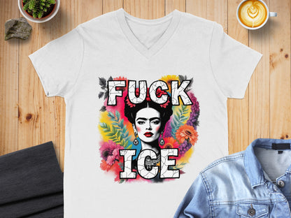 FUCK ICE Frida Kahlo Graphic V-neck T-shirt