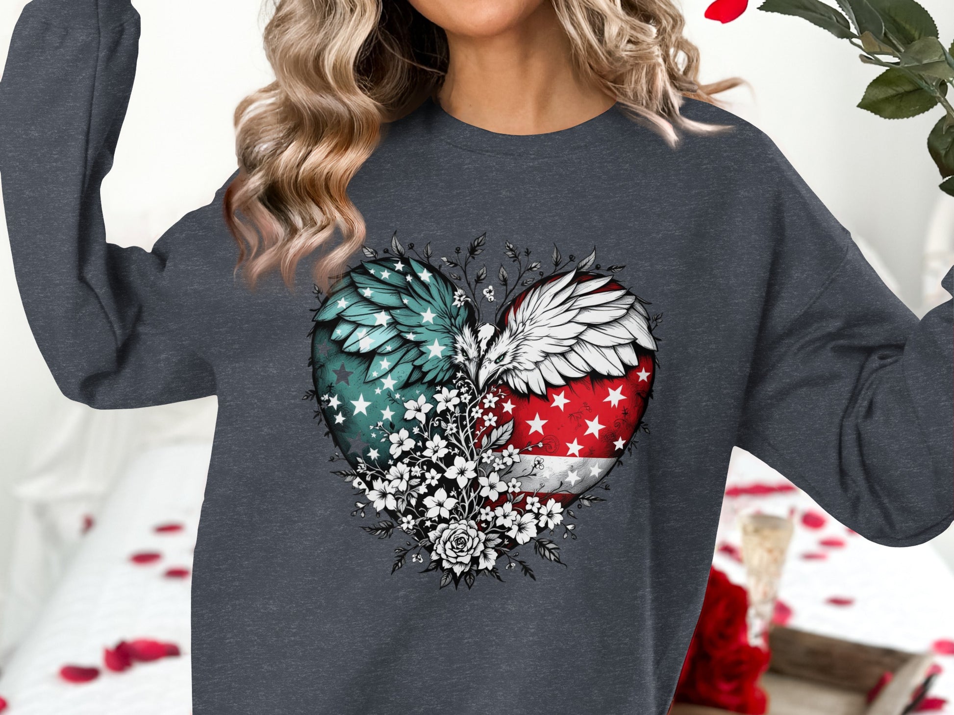 Heart Shape USA Flag and Wings Design Sweatshirt product