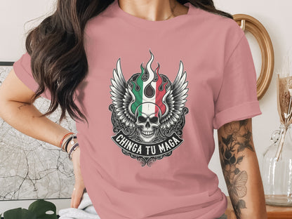 Chinga Tu Maga Skull with Wings Graphic Pink T-shirt
