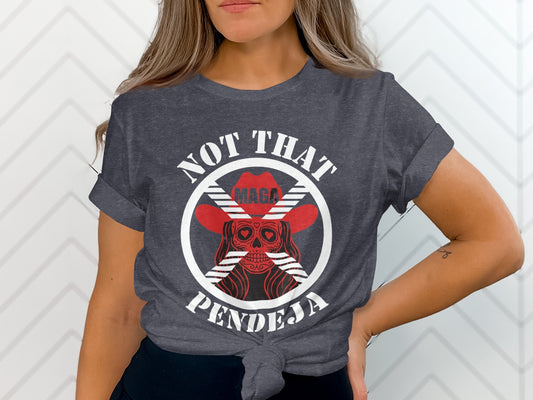 Dark gray t-shirt with white text and graphic featuring a skull in a cowboy hat.