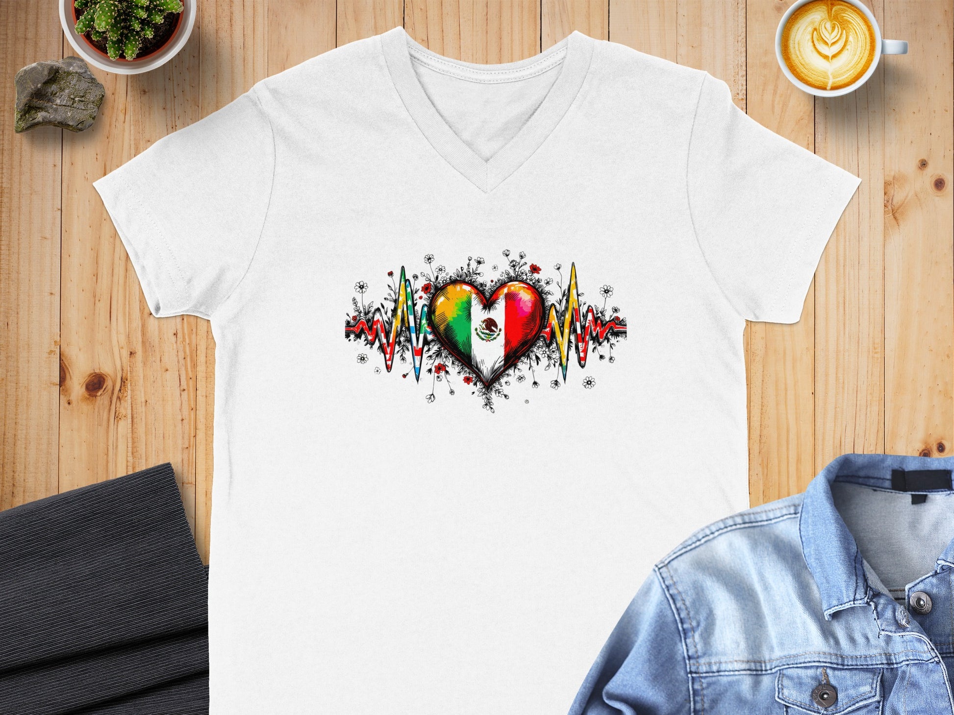 Colorful Heartbeat Design on White V-Neck T-Shirt product
