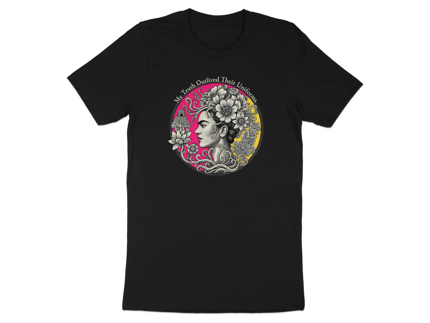Frida Kahlo Portrait With Flowers and Aztec Symbols T-Shirts