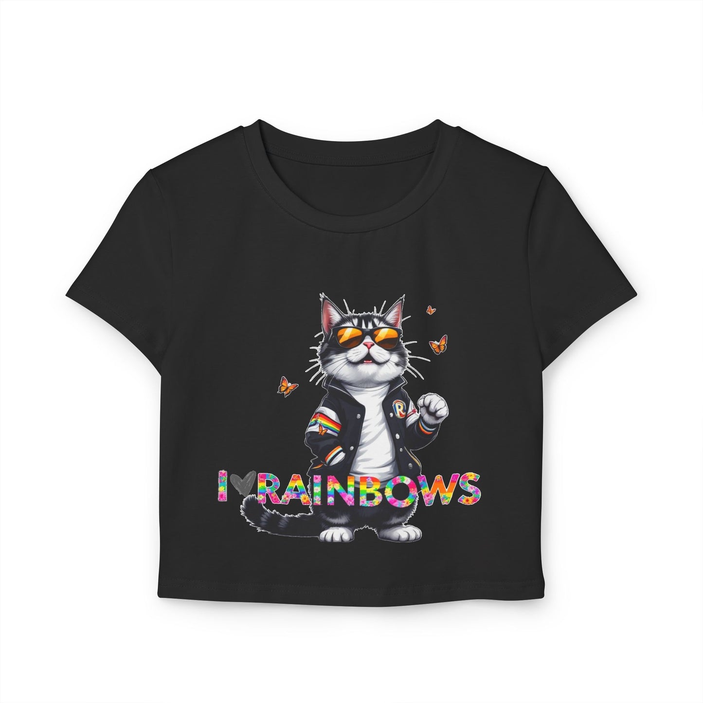 I ❤️ Rainbows Cat Women's Baby Tee - Cute Summer Top for Cat Lovers