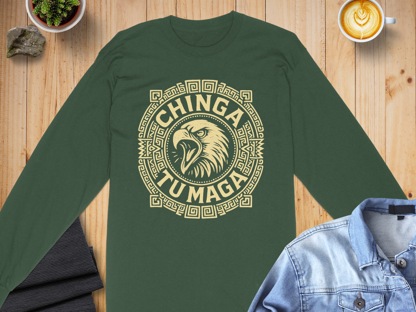 Chinga Tu Maga Eagle Aztec Design Green Shirt