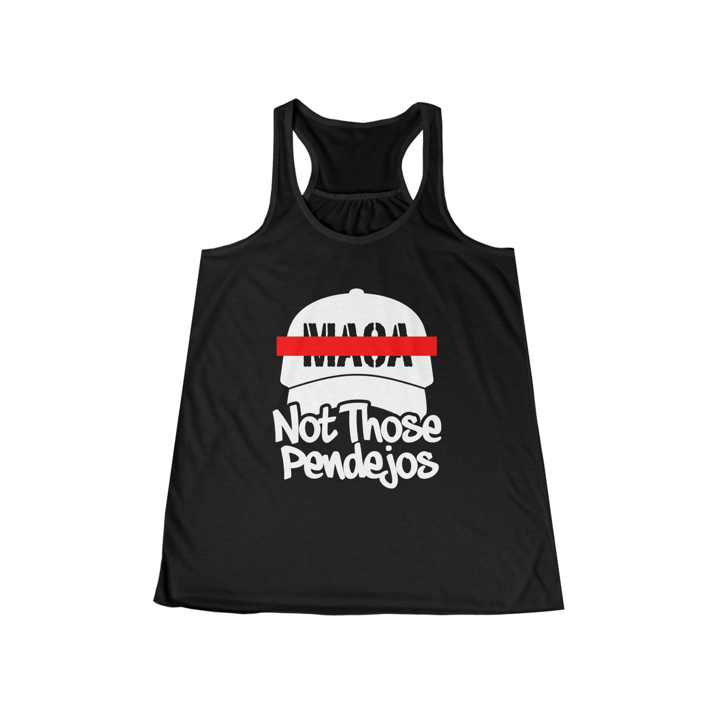 Black tank top with a white baseball cap graphic and "MAGA Not Those Pendejos" text.