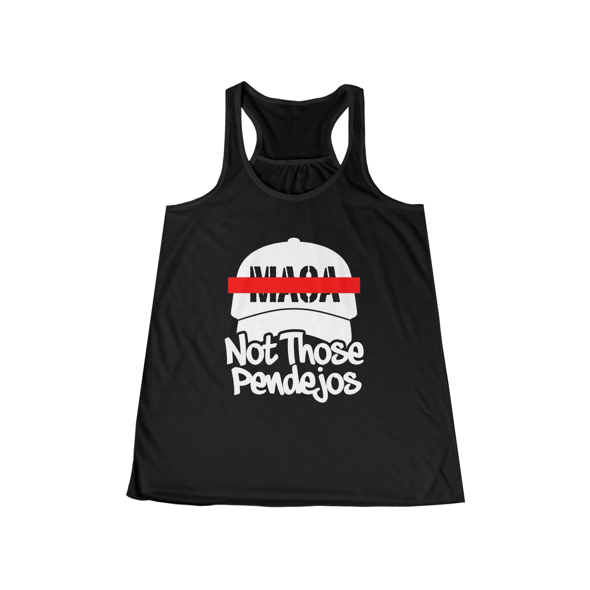 Black tank top with a white baseball cap graphic and "MAGA Not Those Pendejos" text.