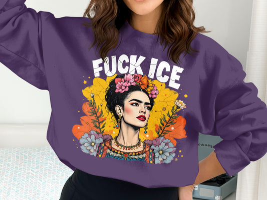 Colorful Frida Kahlo Portrait Purple Sweatshirt
