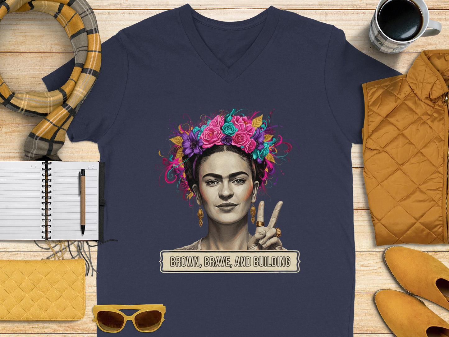 Brown Brave and Building Graphic V-Neck T-Shirt