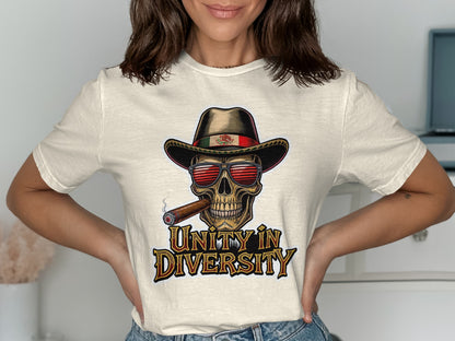Unity in Diversity skull with hat graphic t-shirt product