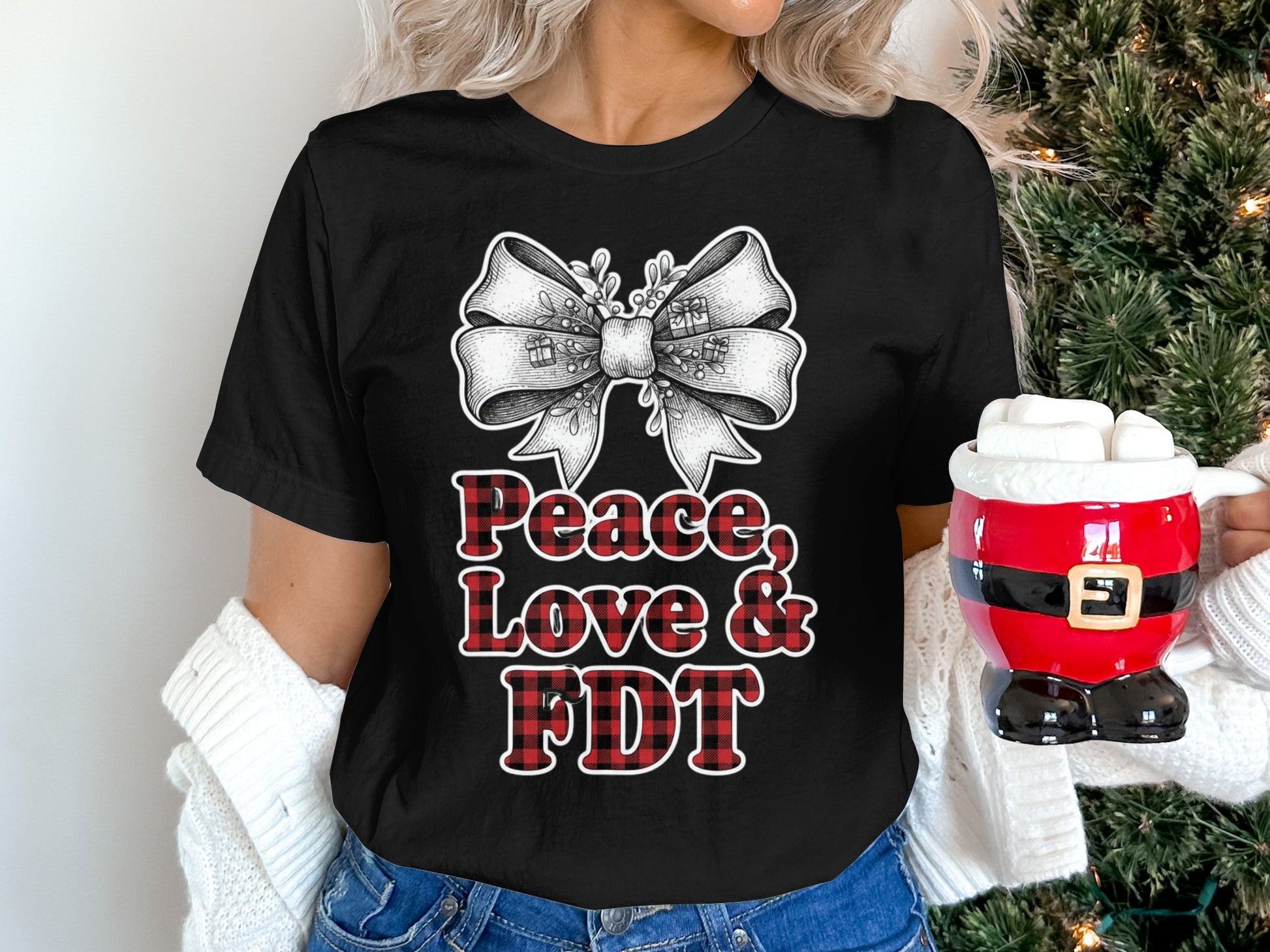 Peace Love and FDT Plaid Bow Graphic T-shirt