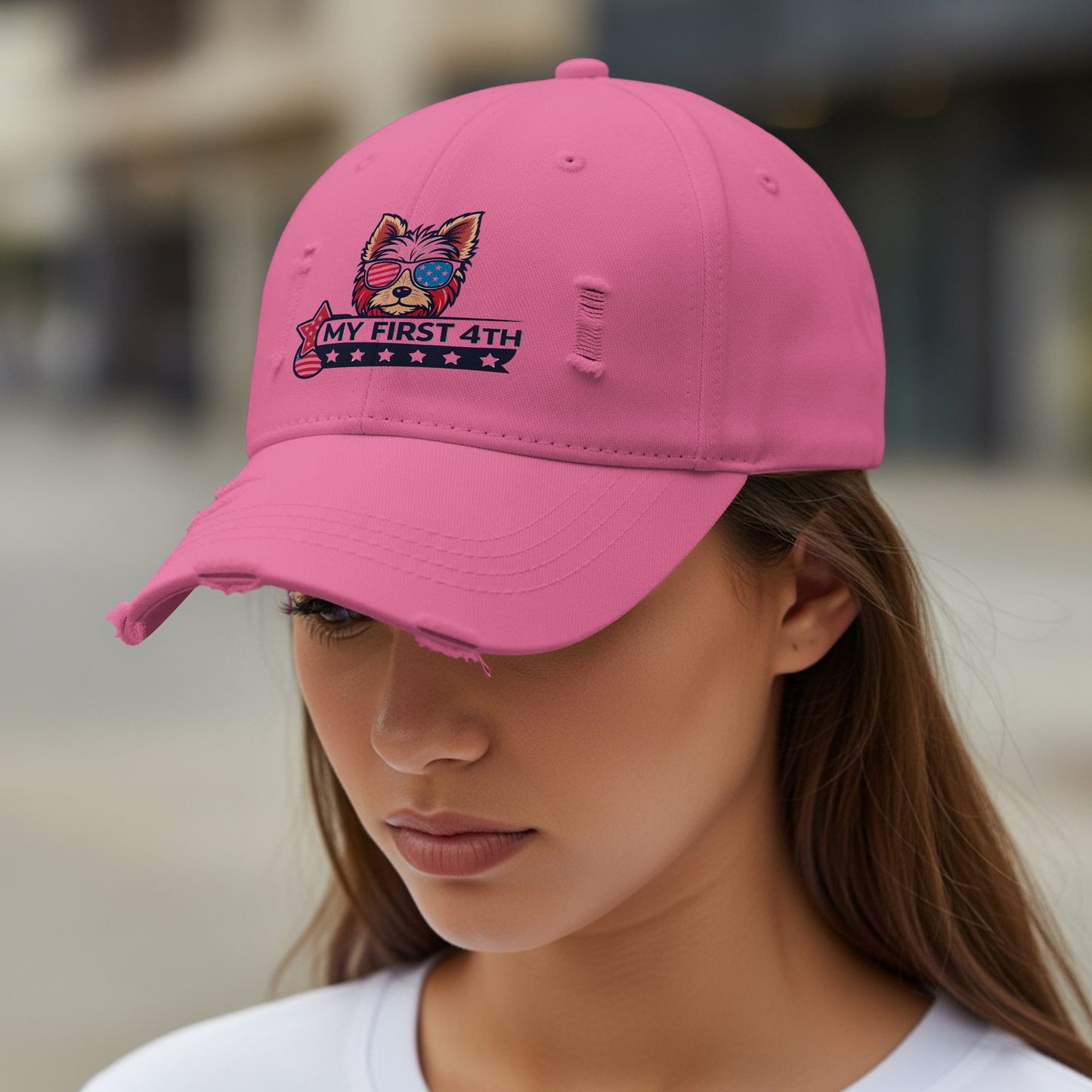 My First 4th Distressed Pink Embroidered Hat product