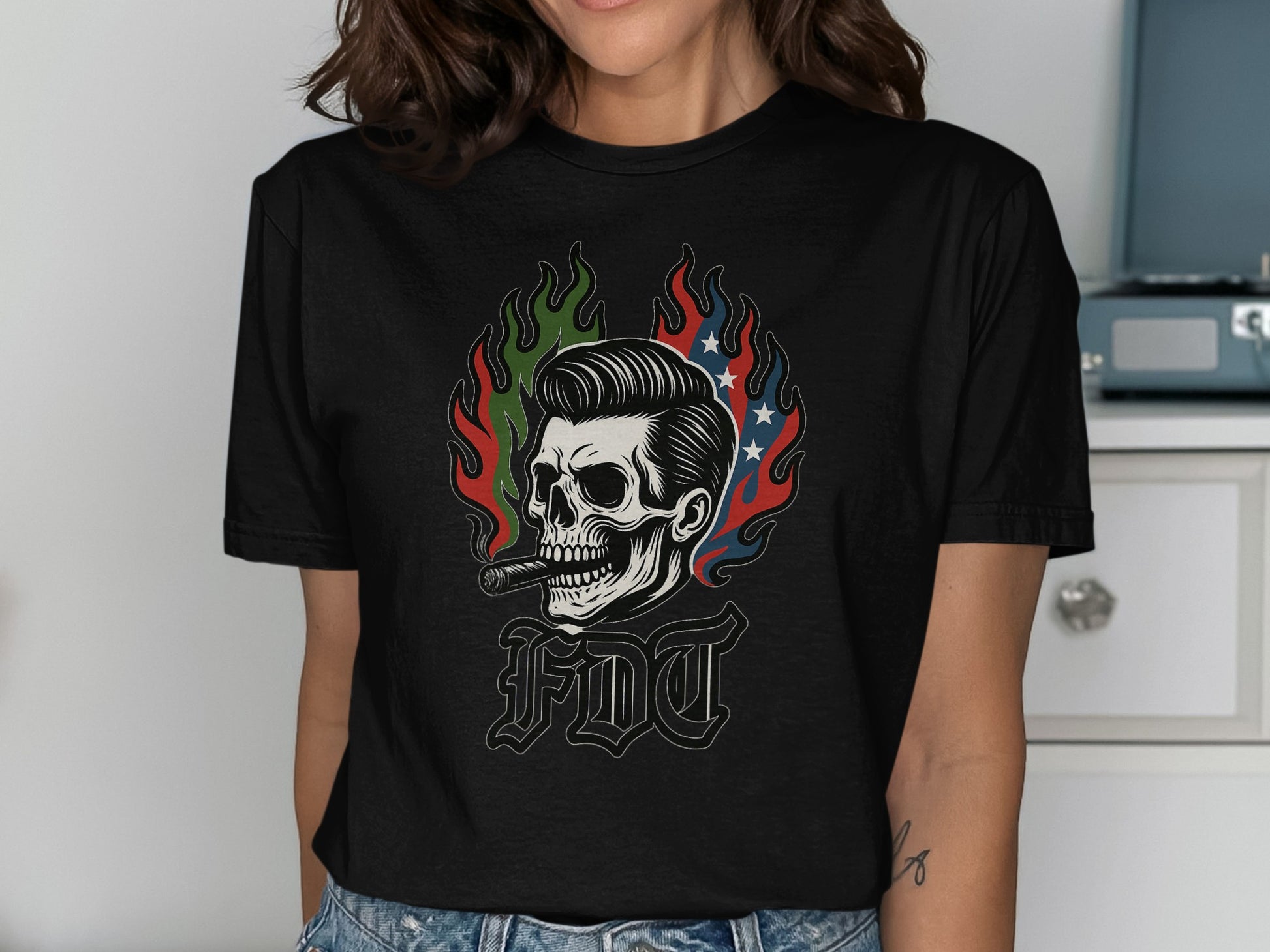 Skull Smoking Cigar with Flames Graphic T-Shirt product type
