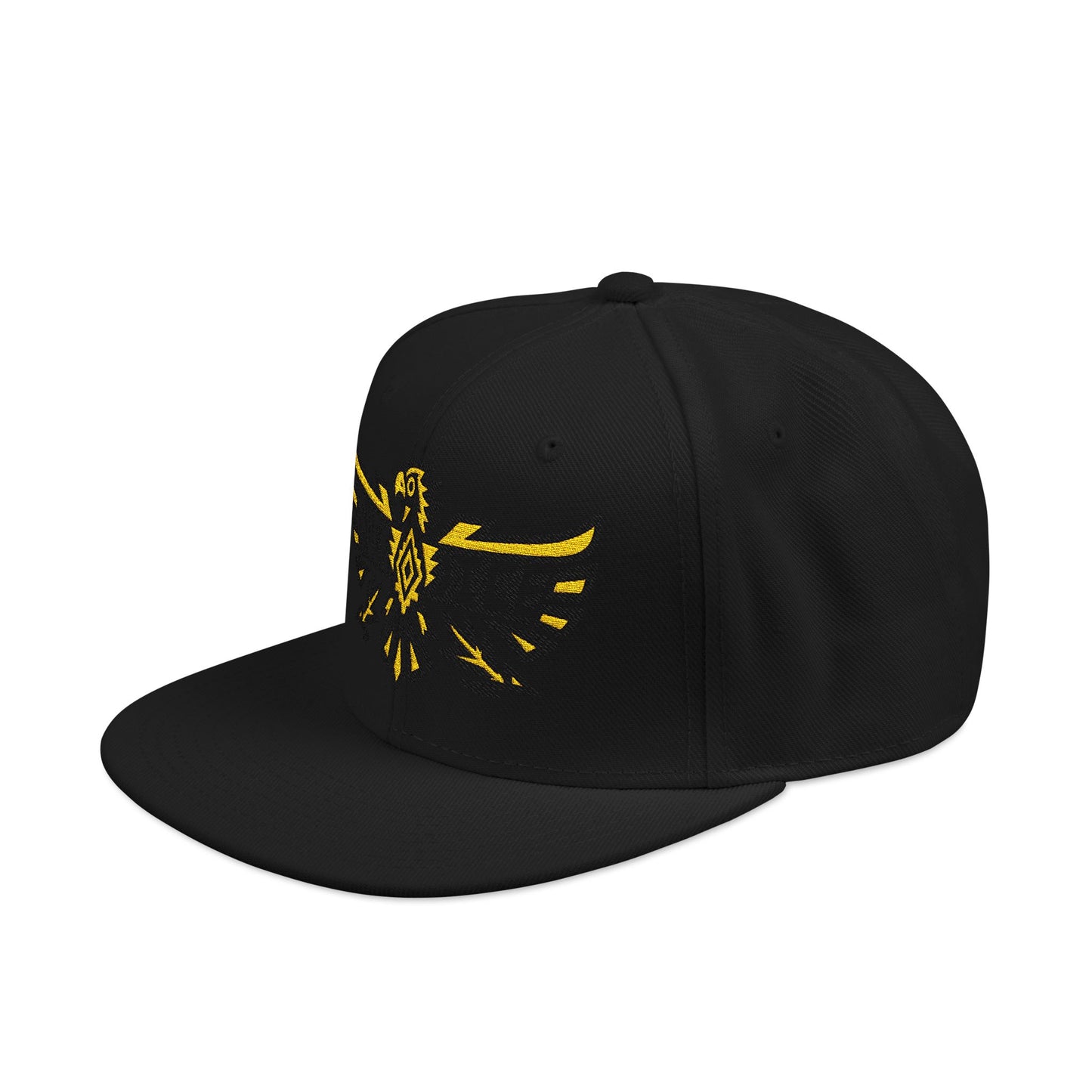 Black baseball cap with yellow embroidered eagle design.