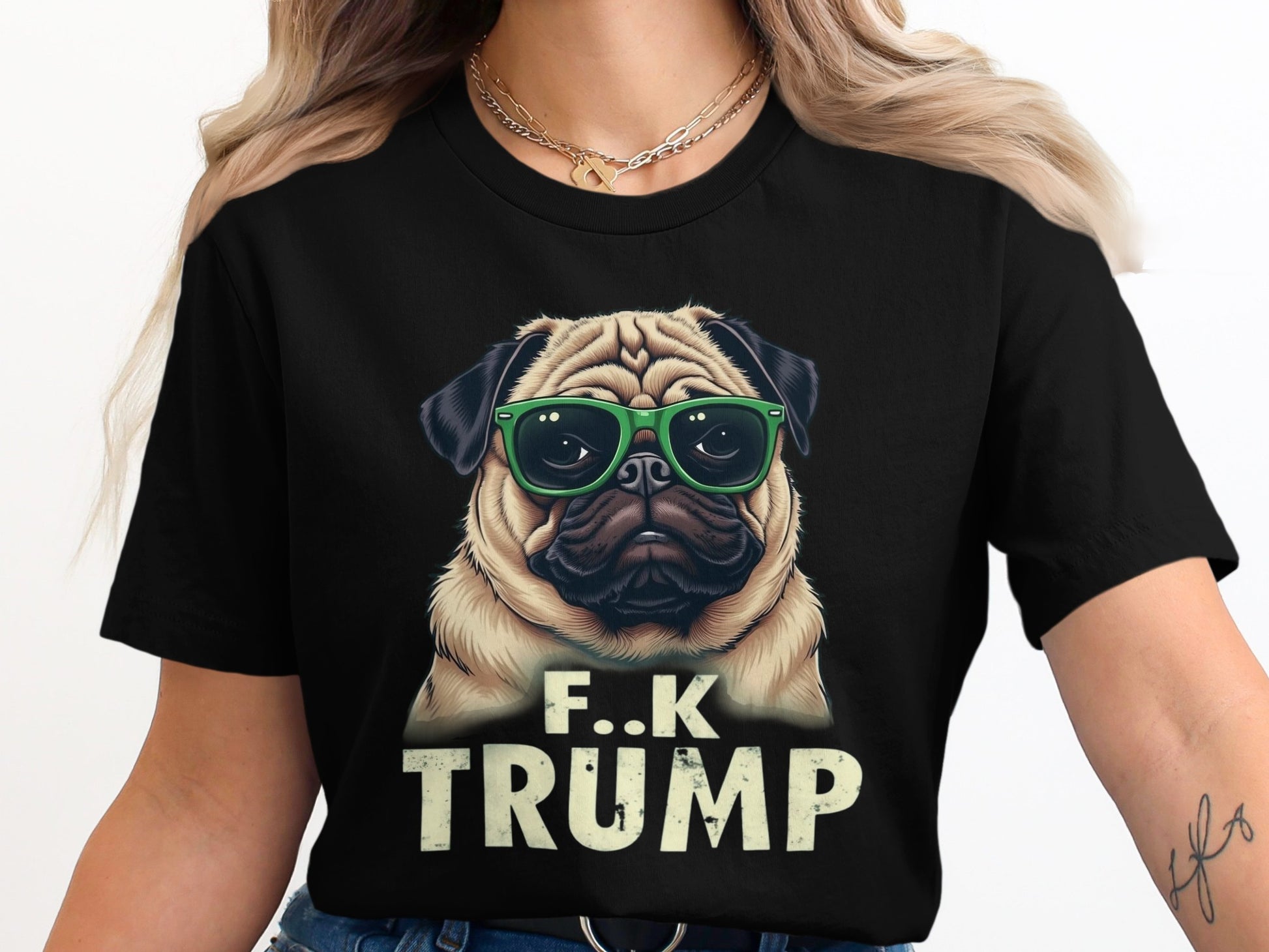 F.K Trump Pug with Green Glasses T-Shirt Product