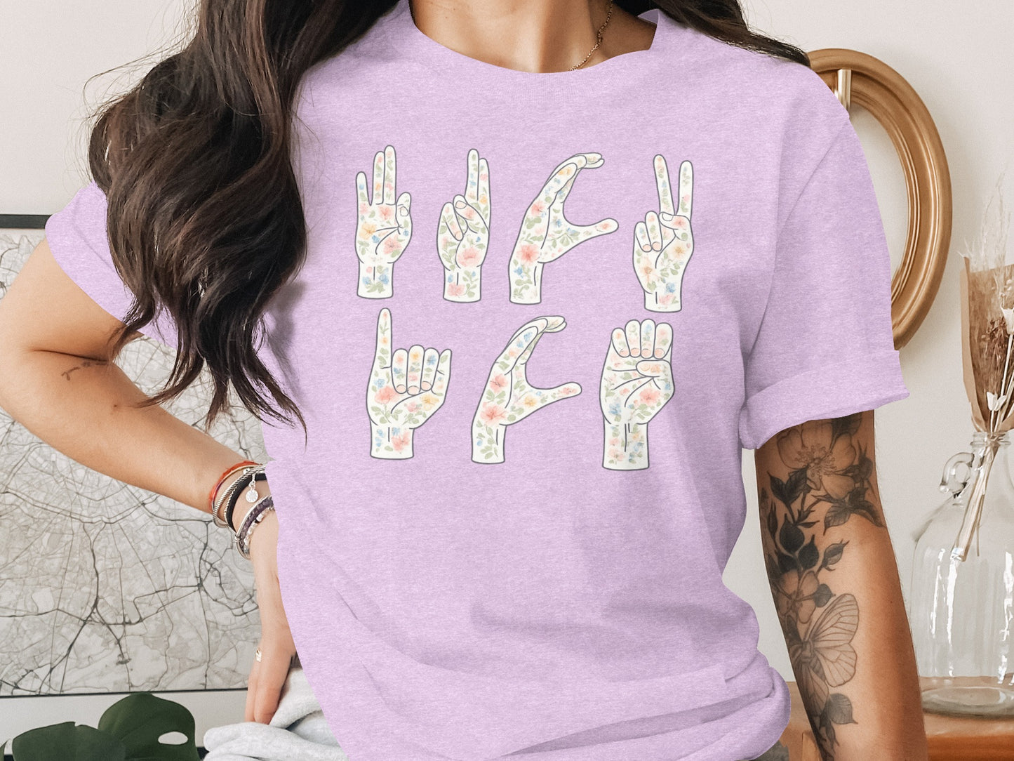 Floral American Sign Language Hand Signs Shirt