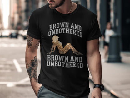 Black t-shirt with "BROWN AND UNBOTHERED" text and golden silhouette.