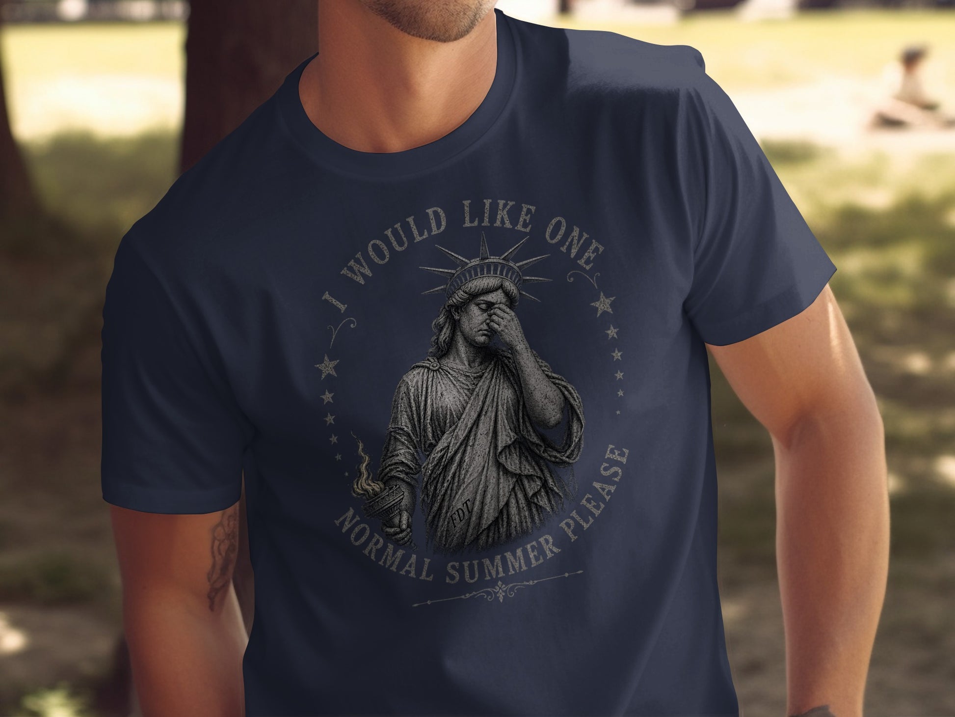 Statue of Liberty with hand over face, "I would like one normal summer please" text.