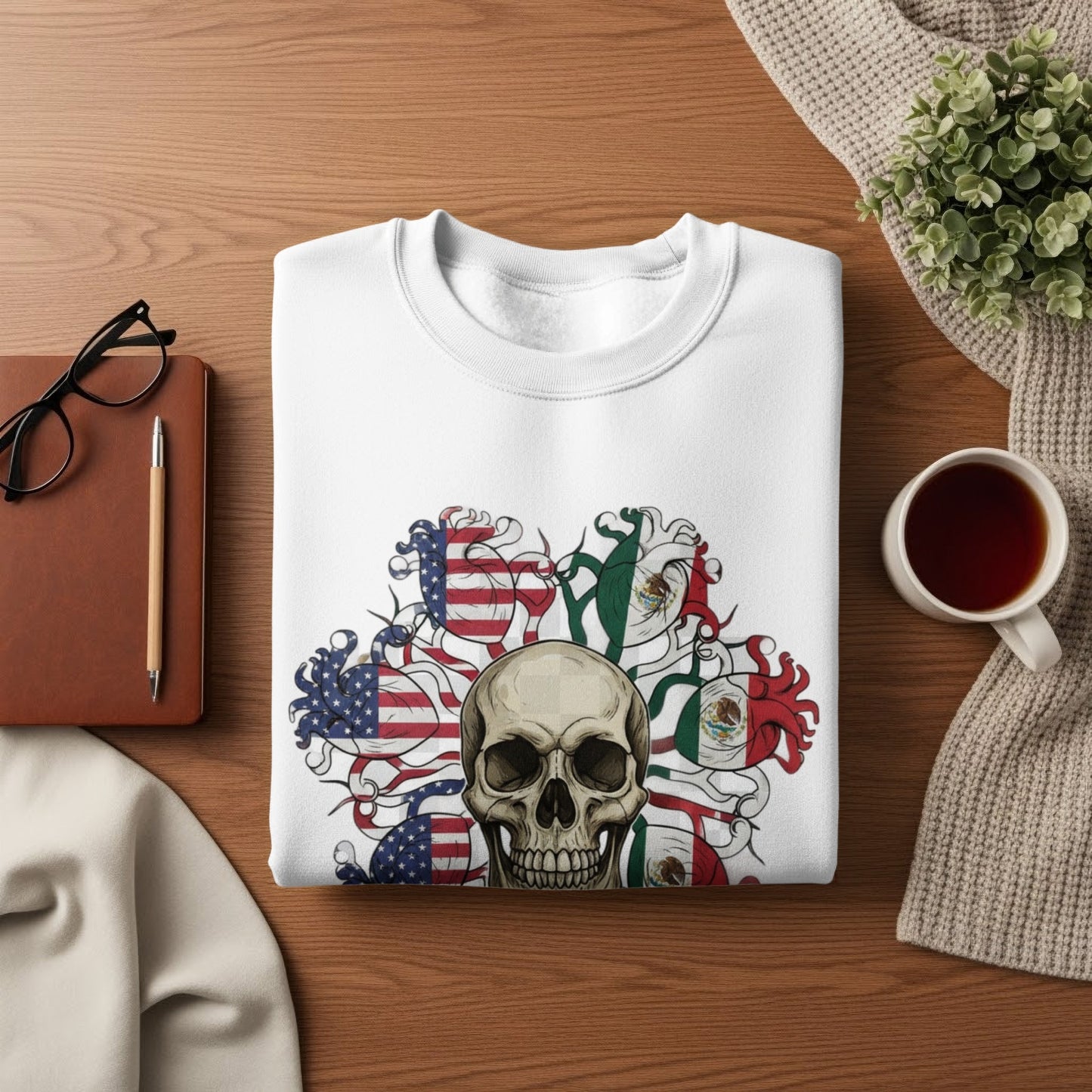 Skull with American and Mexican Flag Design Shirt