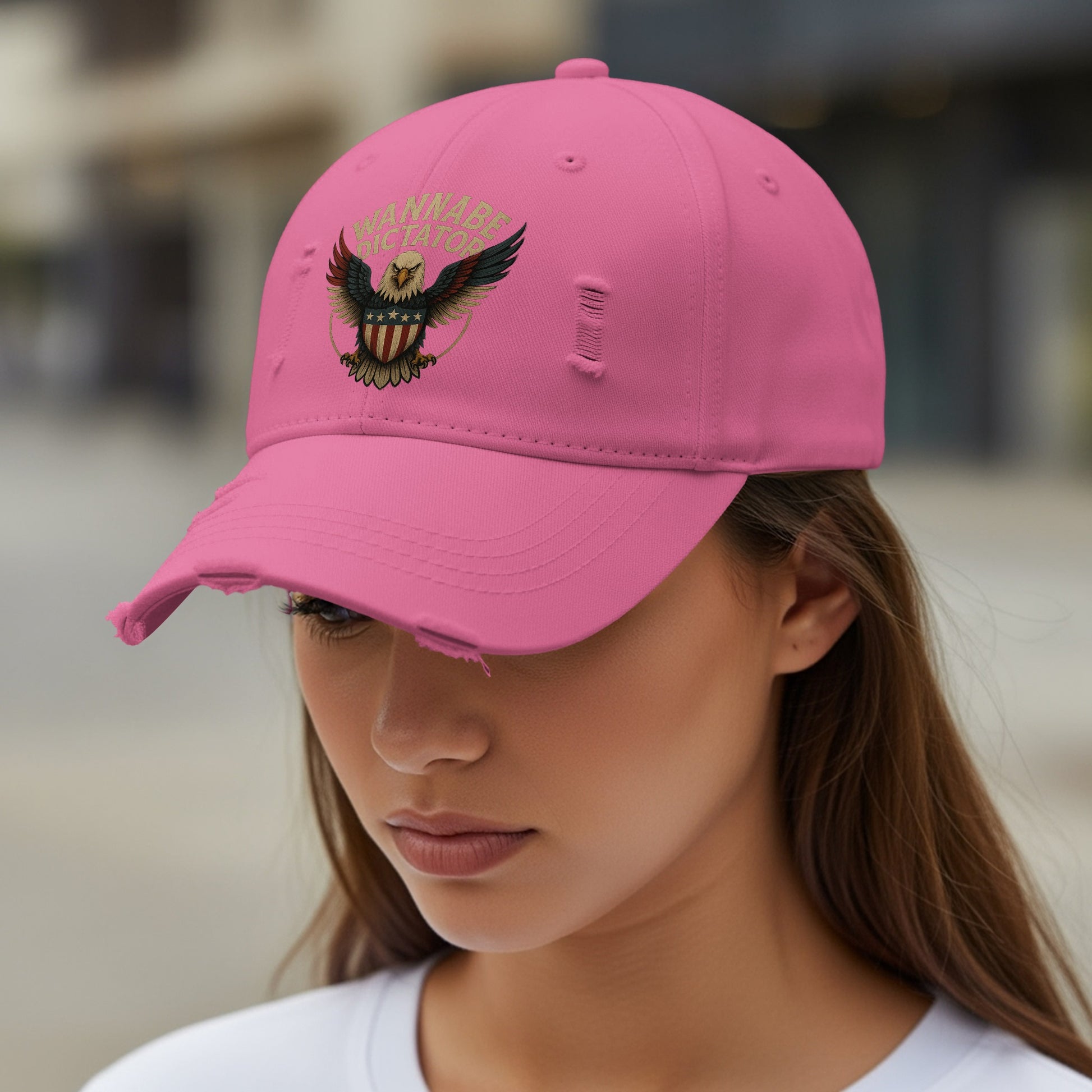 Pink Distressed Baseball Cap with Embroidered Logo Hat