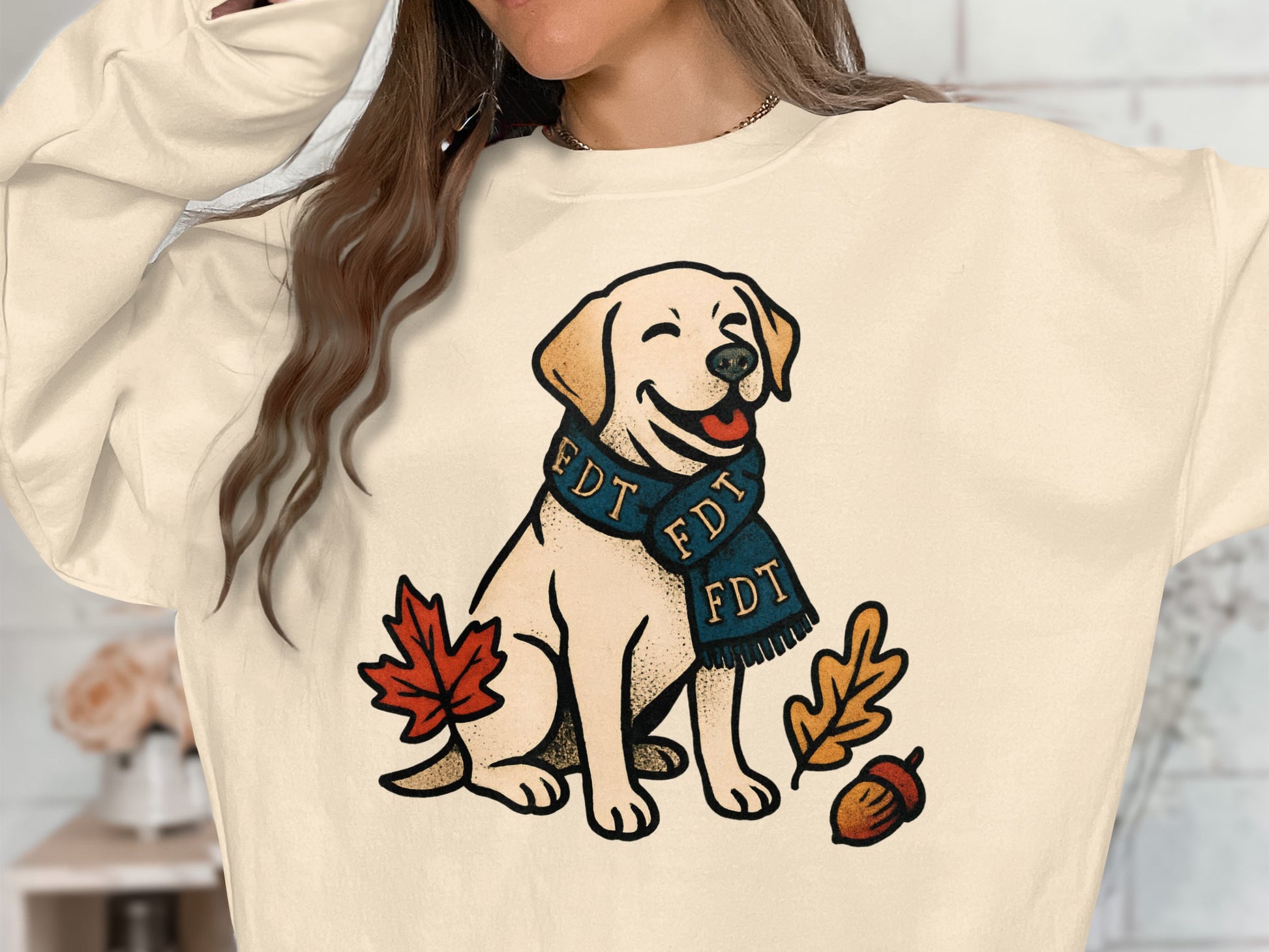 Cute Happy Dog With Leaves and Acorn Sweatshirt