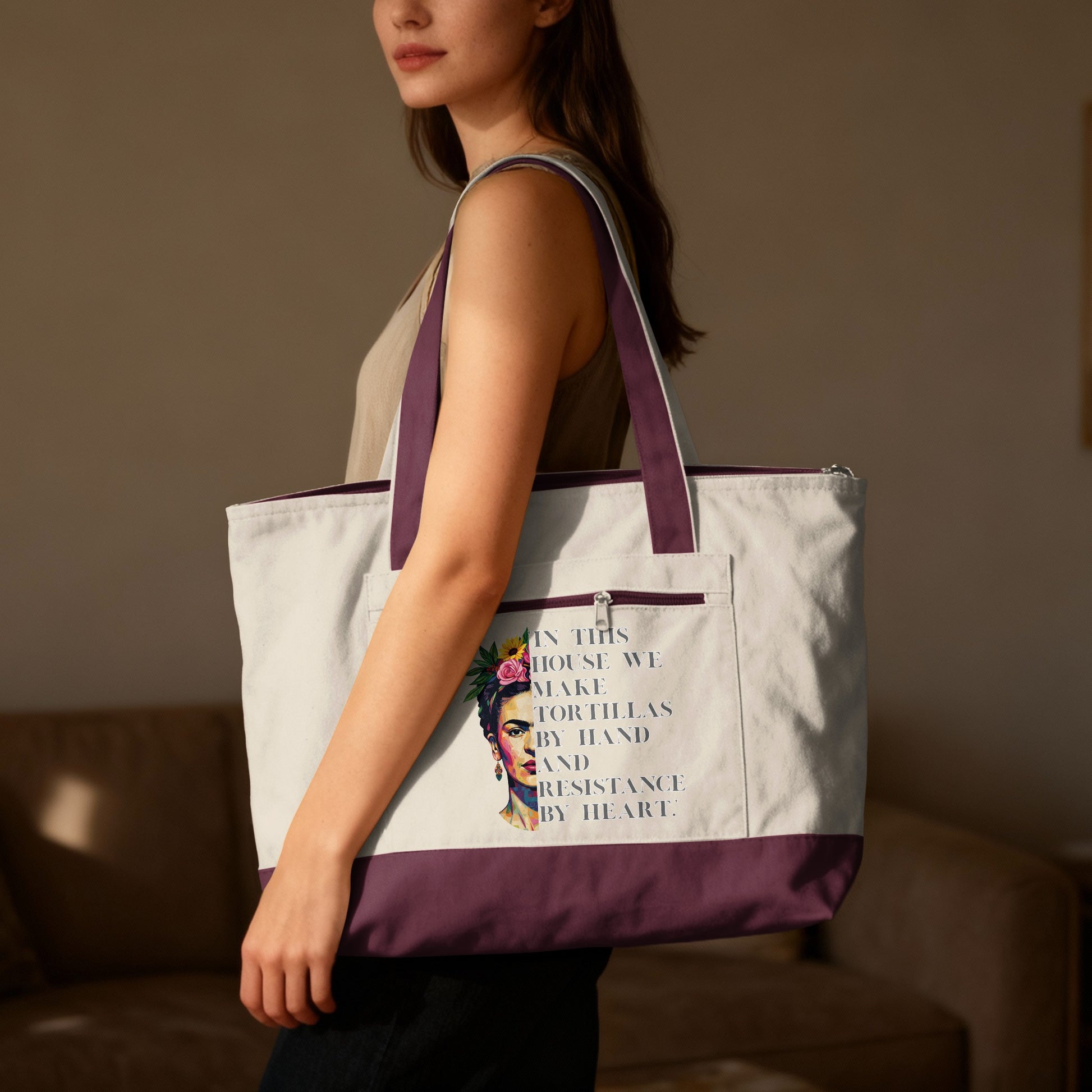 Tote bag featuring Frida Kahlo artwork and text.